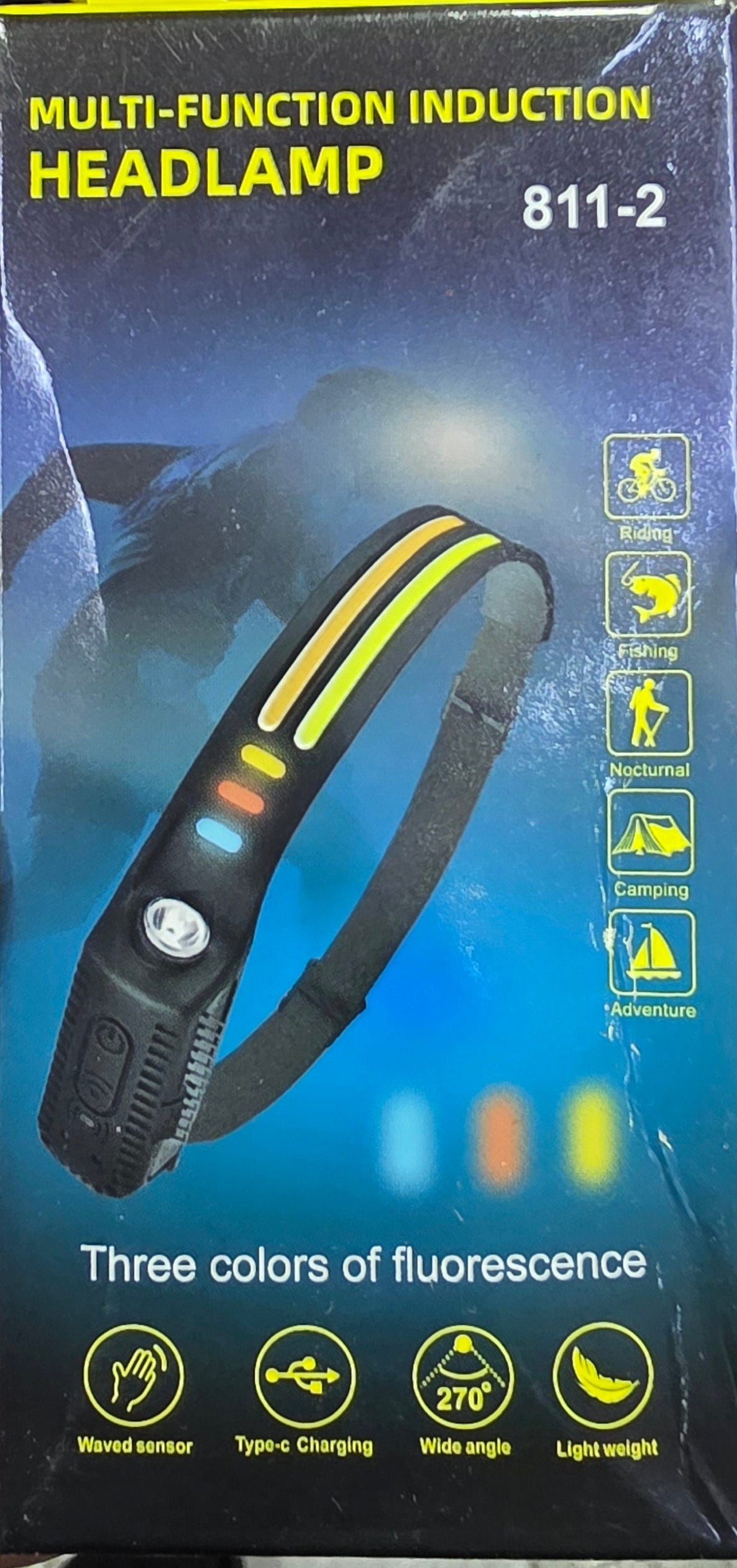 Hand holding a box of a mult-function induction headlamp with product details.